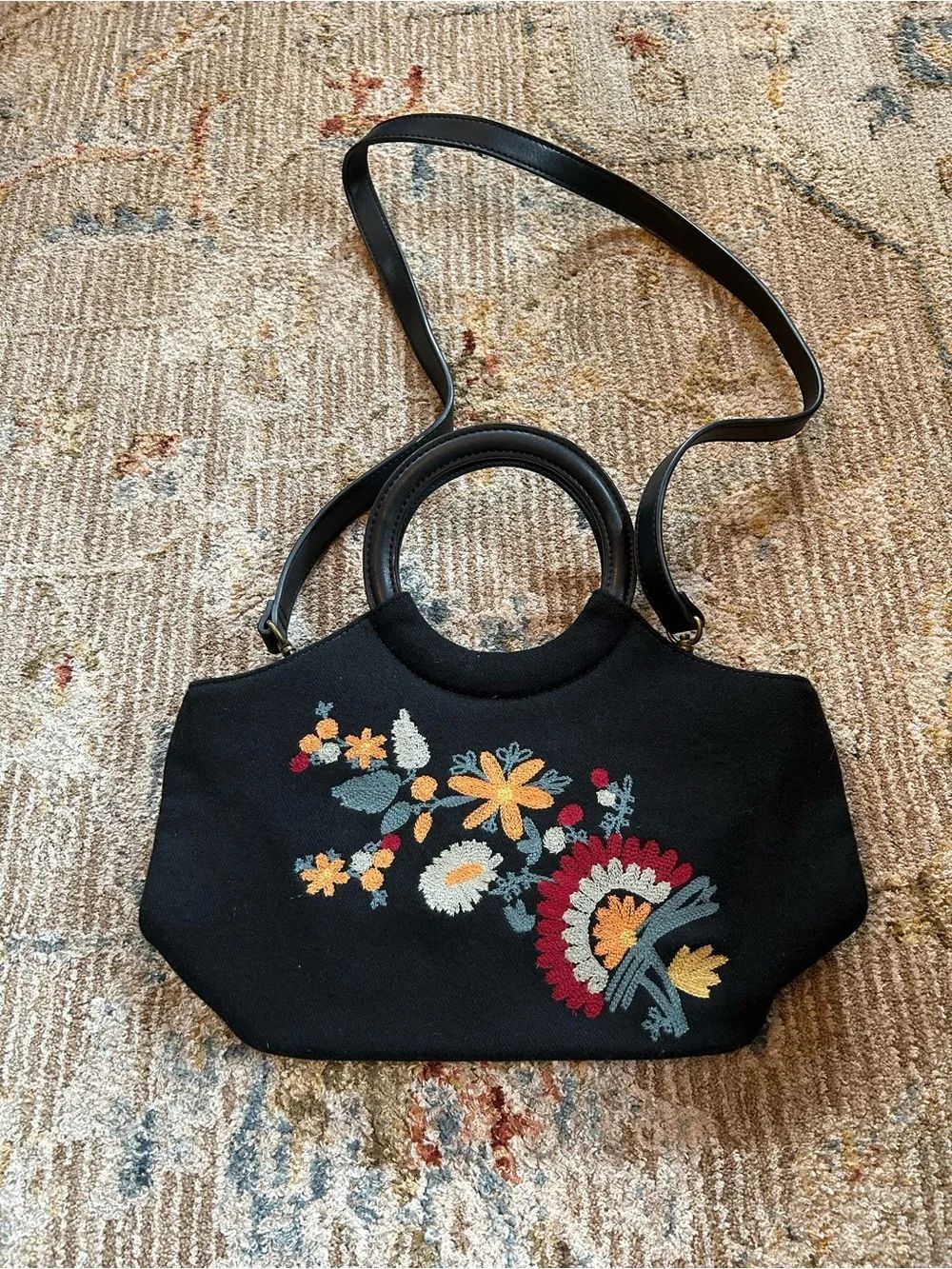 Relic Black Shoulder Bag with Multicolor Floral Embroidery